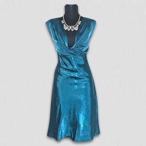 Vintage Y2K Teal Blue Satin V Neck Cocktail Dress Medium